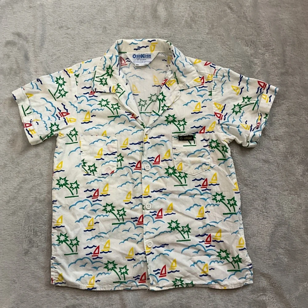 Vintage OshKosh Bgosh Kids Sailboat Palm Tree Button Up White Sz 6 USA 90s Kids